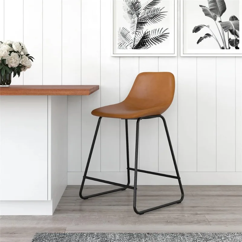 Farley Scoop Counter Height Stool, Camel Faux Leather,robust wood frame bar chair,stress-free assembly