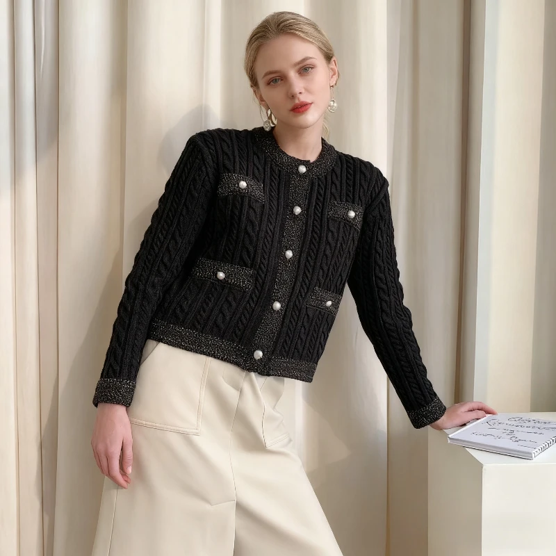 

NEW Chic Elegant Slim Fit Office Wear Round Neck Cardigan Lady Sweater Elegant Knitted Long Sleeve Jackets Loose Casual Tops