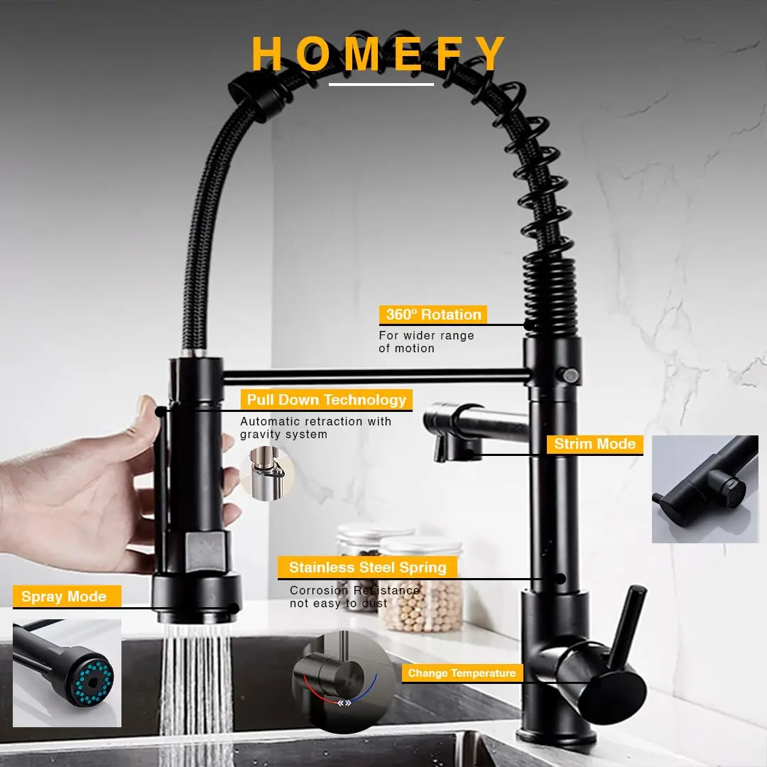 Kitchen Faucet with Sprayer 2 Mode Single Handle Pull Down Hot and Cold Stainless Steel Spring Neck Luxury Faucet Accessories