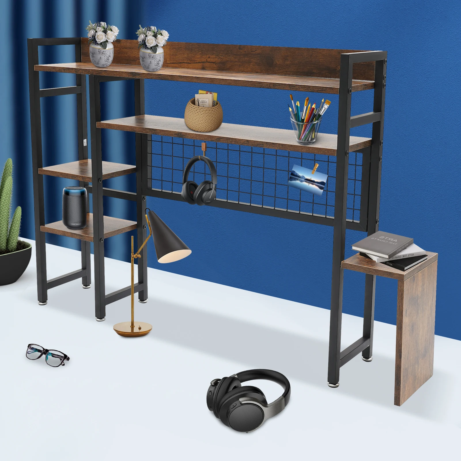 

96*21.2*73.4cm Rustic Multipurpose Countertop Display Shelf Black&Brown Desktop Bookshelf with Adjustable Feet