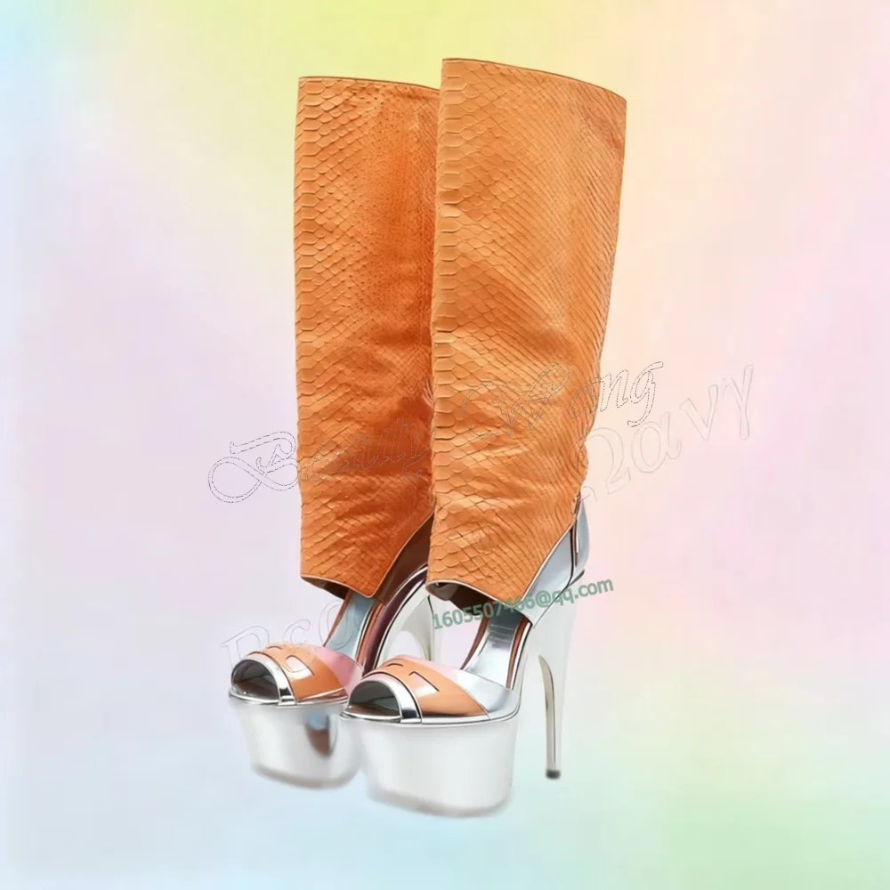 Arancione Peep Toe Stivali Piattaforma Punta Rotonda Tacchi Argento Taglio Sottile Tacchi Scarpe Scarpe Tacco Alto per Le Donne 2025 Zapatos Para Mujere