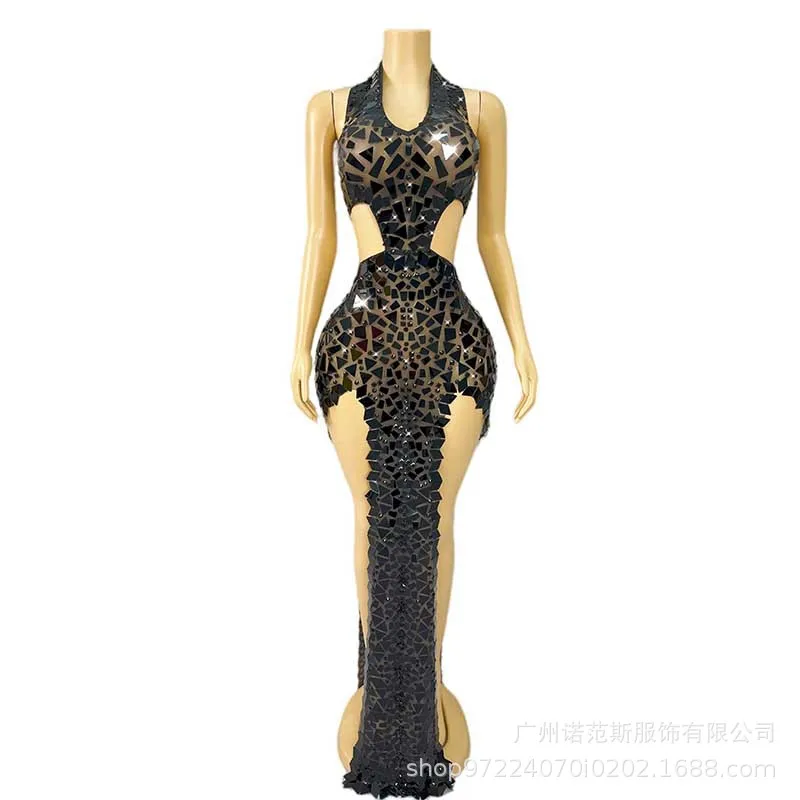 Sexy Black One-piece High-fork Dress Black Trendy Clothes Catwalk Performance Clothes Female Singers High-end Atmosphere Vestito