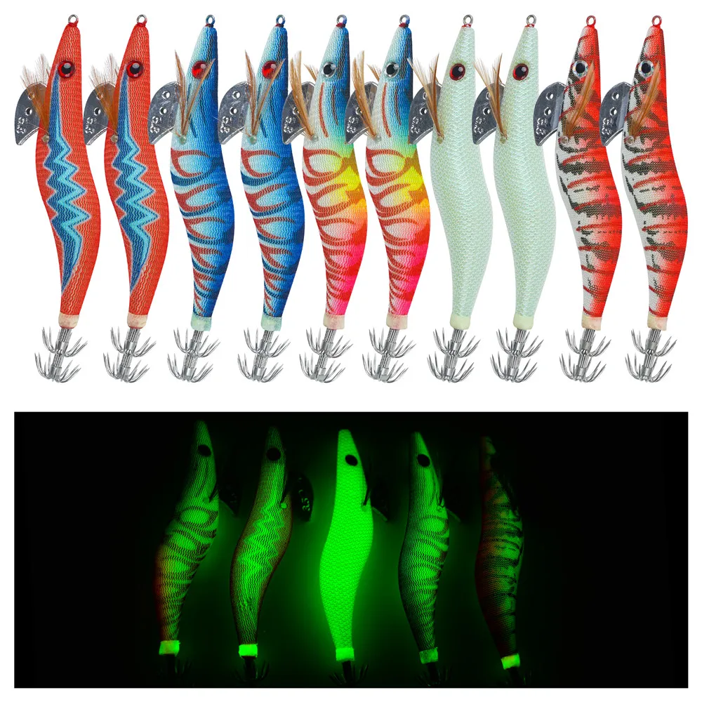 

10Pcs Luminous Squid Bait Jig Hooks Rattle Saltwater Glow Squid lures Cuttlefish Sleeve Egi Jig Octopus Fishing lure 2.5 3.0 3.5