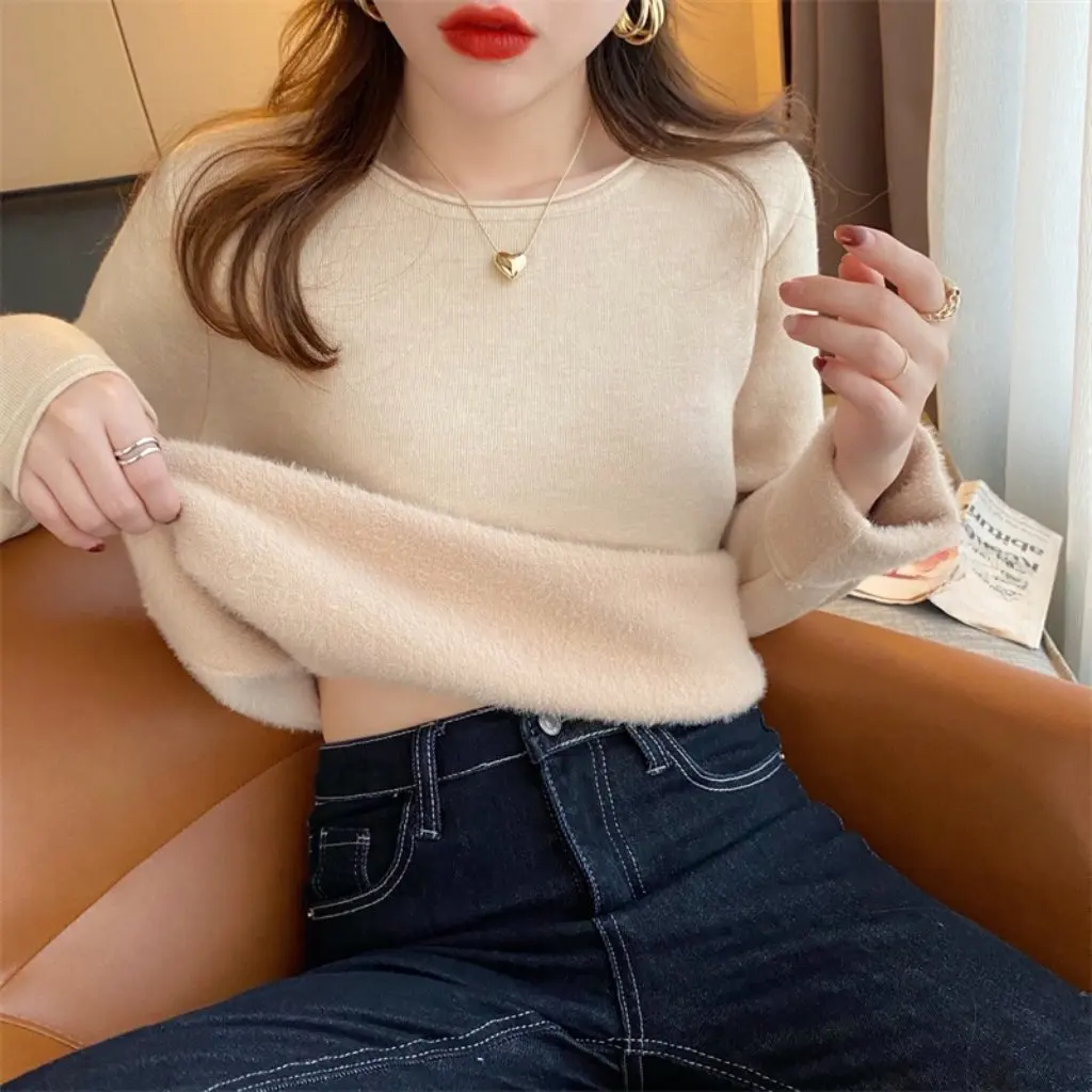 

Kaning Women's Fleece-Lined Thickened round Neck Pullover Knitwear Pure Color Autumn Winter Bottoming Cardigan