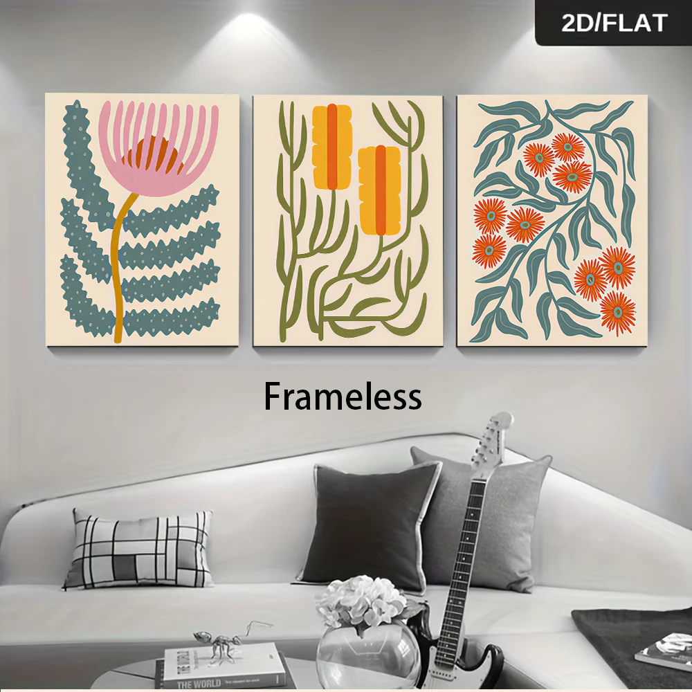 1 set of three-panel botanical paintings, modern minimalist frameless paintings, abstract floral decorations, 2D flat design.