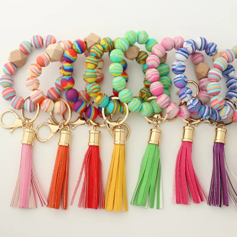 Cartoon Creative Colorful Silicone Beaded Keychain PU leather Tassel Keyring Women Men Bracelet Keychain Jewelry Gifts