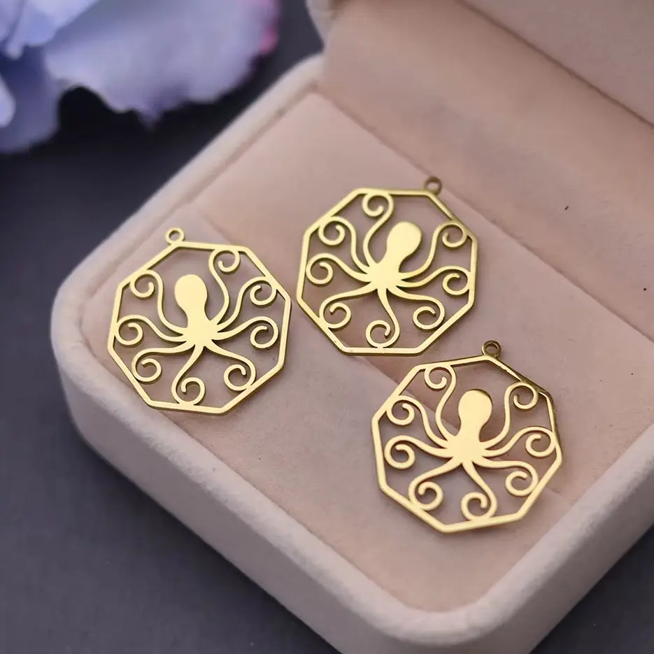3pcs/lot Filigree Hollow Octagon Octopus Charms for Jewelry Making Tassel Earrings Stainless Steel Pendant DIY Handmade Supplies