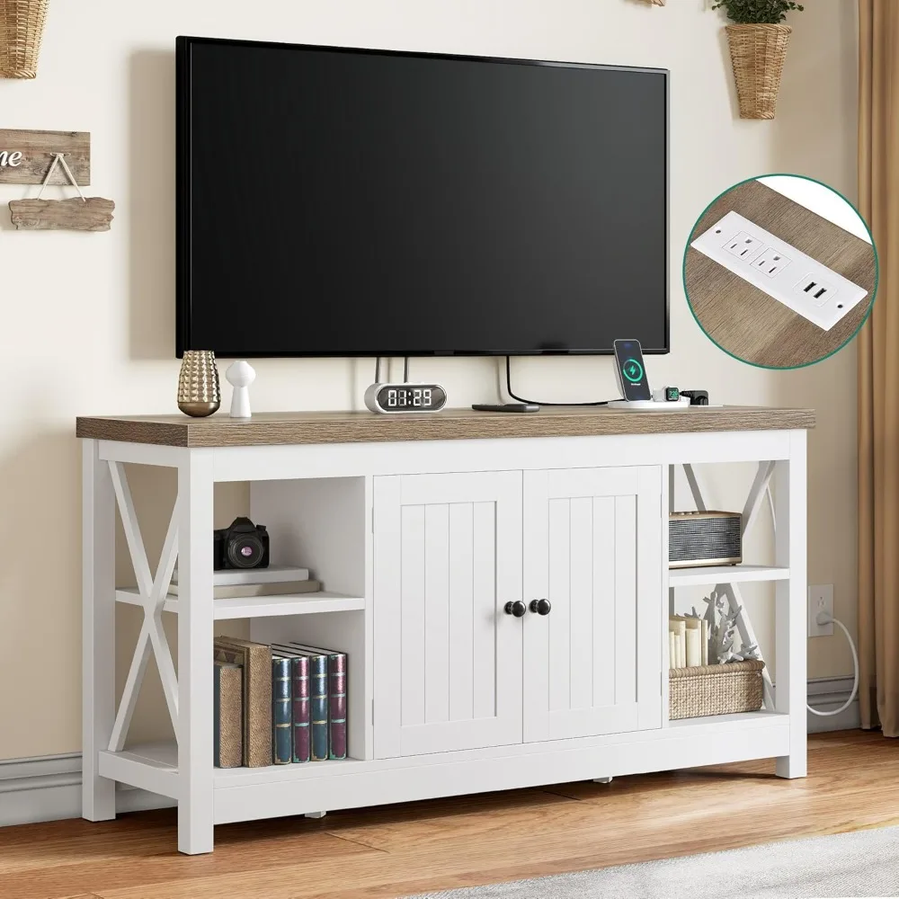 

Farmhouse TV Stand for 55/50 Inch with Power Outlet, Mid Century Modern Entertainment Center with Storage