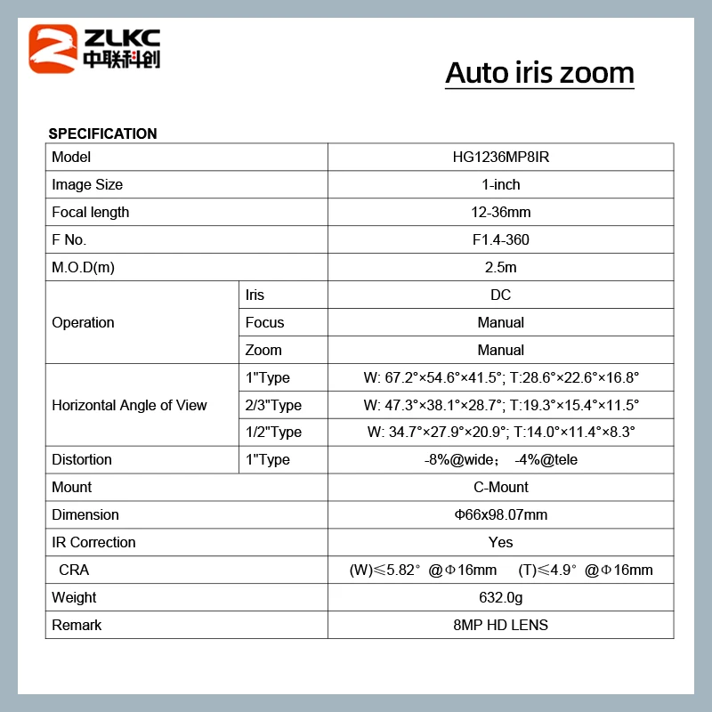 ZLKC 12-36mm Zoom Lens C-Mount Camera F1.4 Auto Aperture 1'' CMOS 8MP High Resolution CCTV Lens for Surveillance Cameras