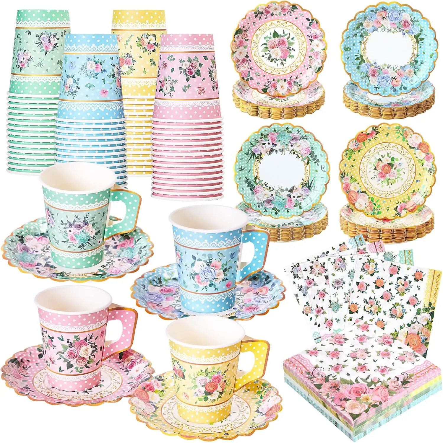 

Набор из 180 бумажных чайных чашек и тарелок с цветочным узором, 9 унций, одноразовые бумажные чашки и блюдца с набором салфеток для чаепития