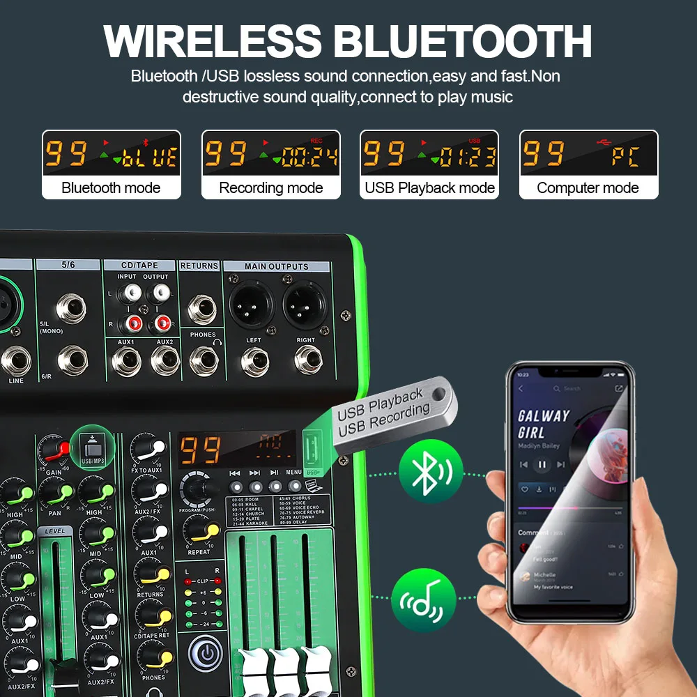 DGNOG BL-06FX 6-канальный аудиомикшер с эффектом 99DSP, 48 В, фантомное питание, Bluetooth, USB, DJ-консоль, караоке-микшер для сцены и студии