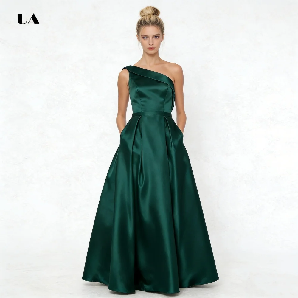 ULBYANRY 비대칭 접이식 칼라가 있는 민소매 A라인 댄스 파티 드레스, 솔리드 새틴 이브닝 드레스, 심플한 맞춤형 파티 드레스