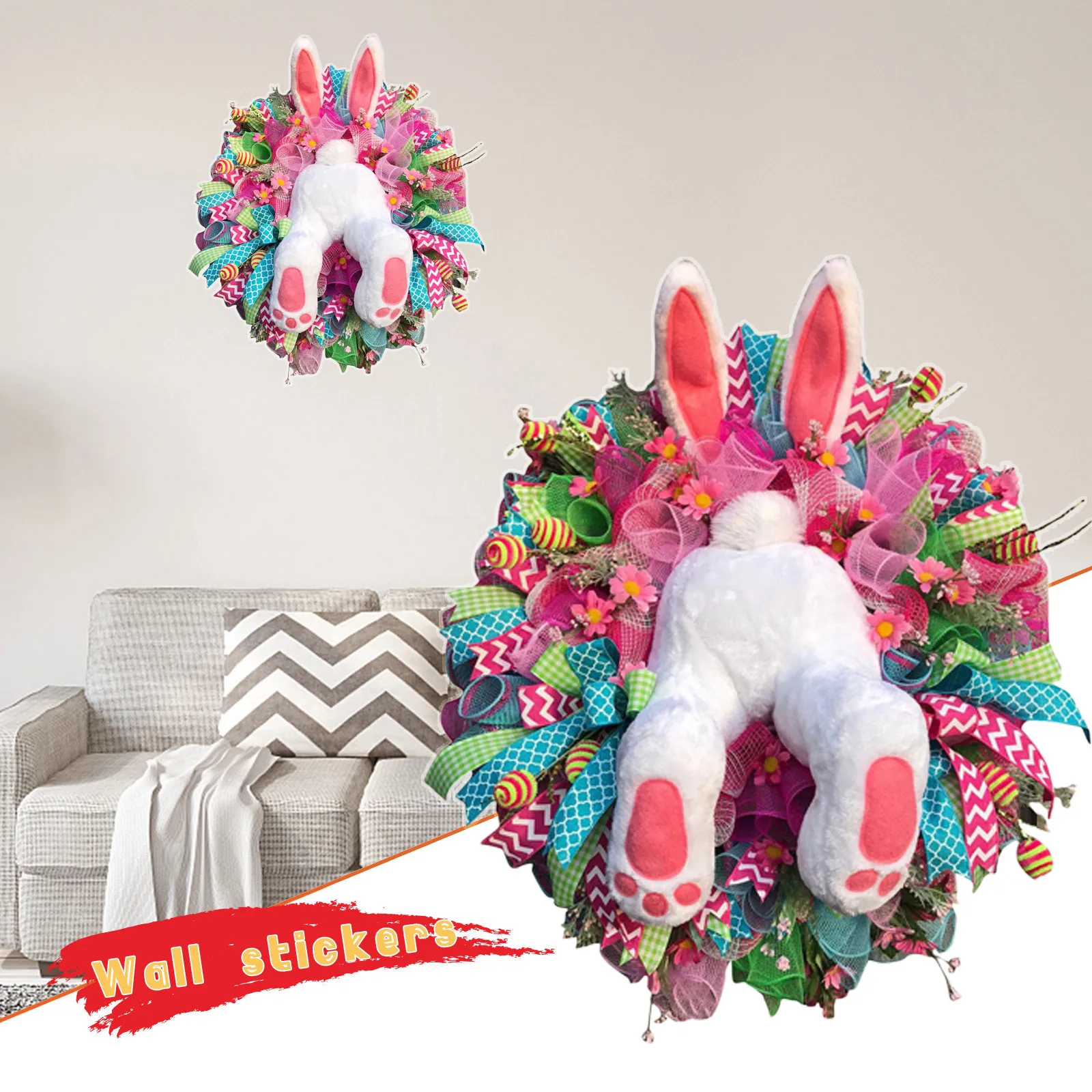 HAPPY EASTER DAY Wall Sticker PVC Self-adhesive Wall Sticker Can Be Removed Easter Decorations Wreath Easter Bunny Wreath Bunny