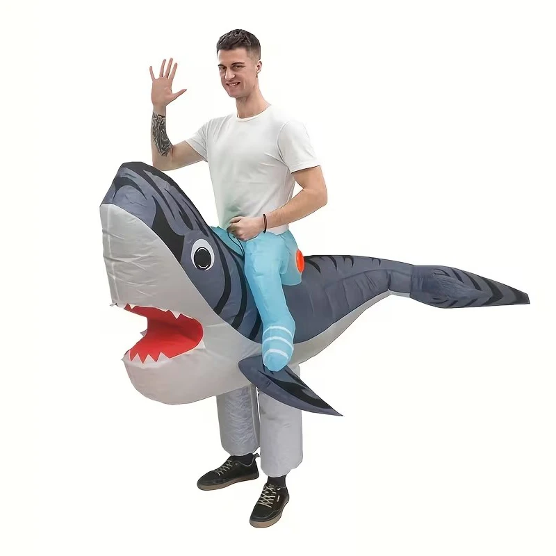 Aufblasbares Ride of Shark-Kostüm für Erwachsene, Blow Up Green Riding A Shark, Cosplay-Kostüm, lustiger Halloween-Party-Karnevalsanzug