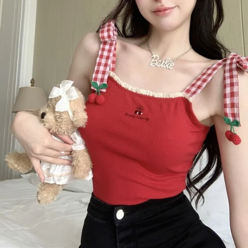 Japanese Vintage Summer 2024 Sweet Spicy Girl Embroidered Lace Plaid Tie Sexy Fashion Elegant Sleeveless Suspended Tank Top