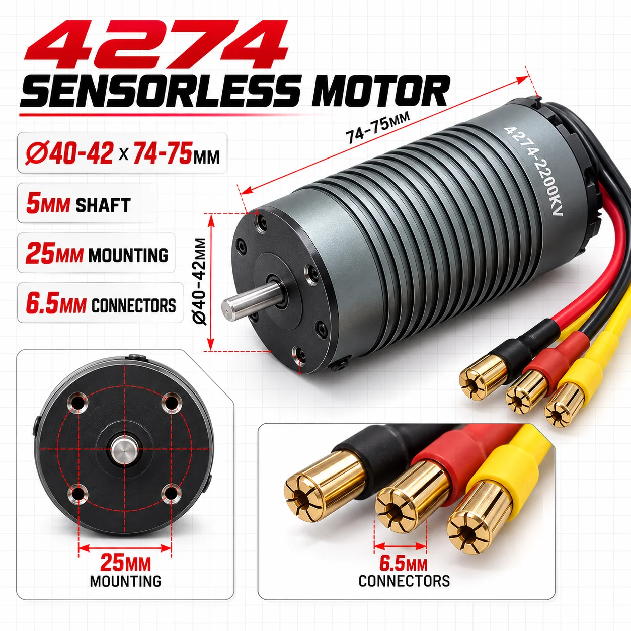 YSIDO 4274 Brushless Motor 2 Versions Green & Titanium Gray 800KV to 3600KV +40-42mm Dual Fan Heatsink RC Buggy ARRMA TRAXXAS