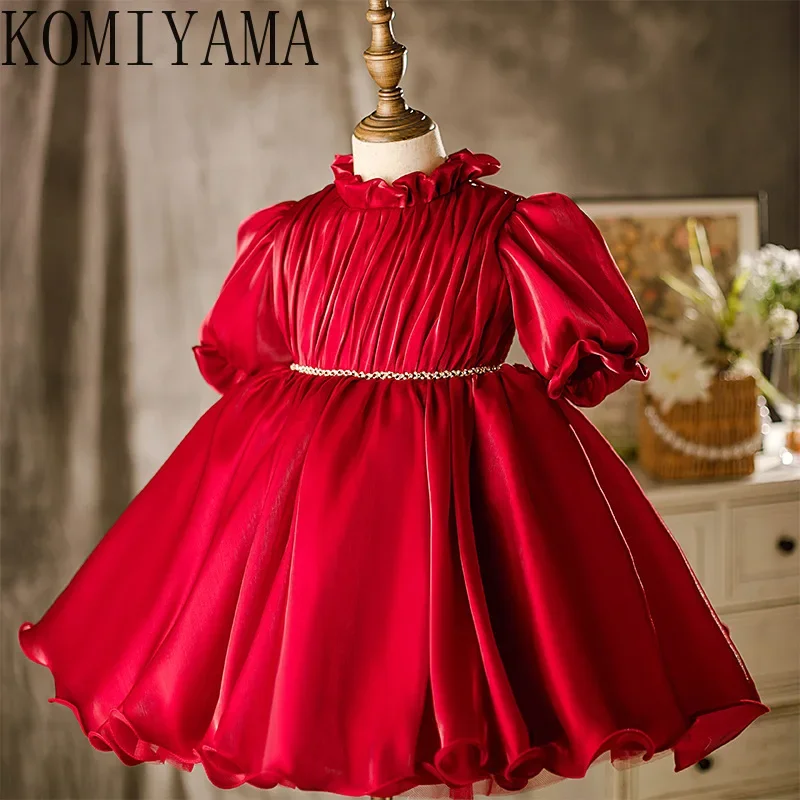 Customized Long Puff Sleeve O-neck Pleated Kid Birthday Dresses Slim Waist Elegant Flower Girls Dress Pleated Sweet Ball Gown Pr