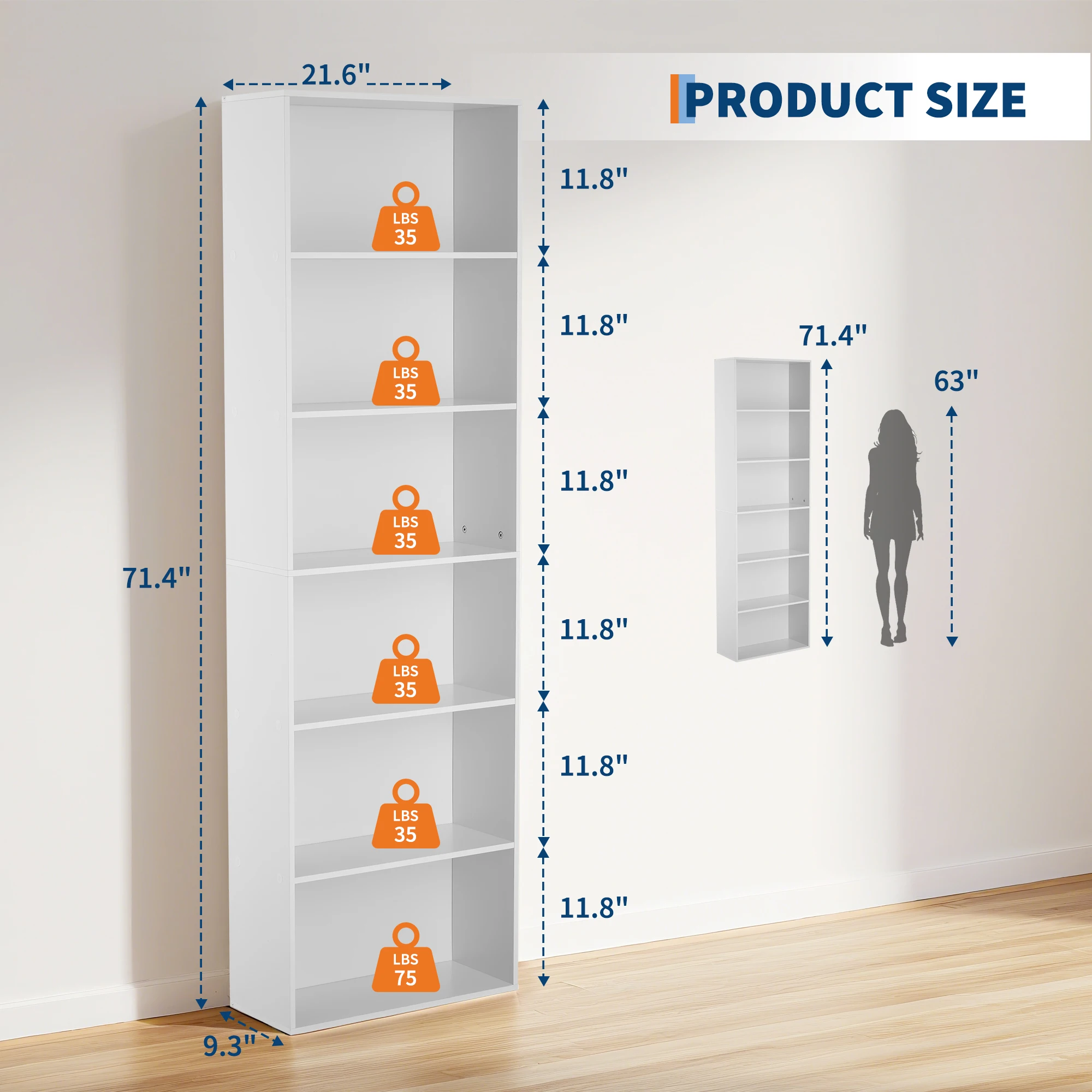 6 Tier Wood Bookcase, 71.4