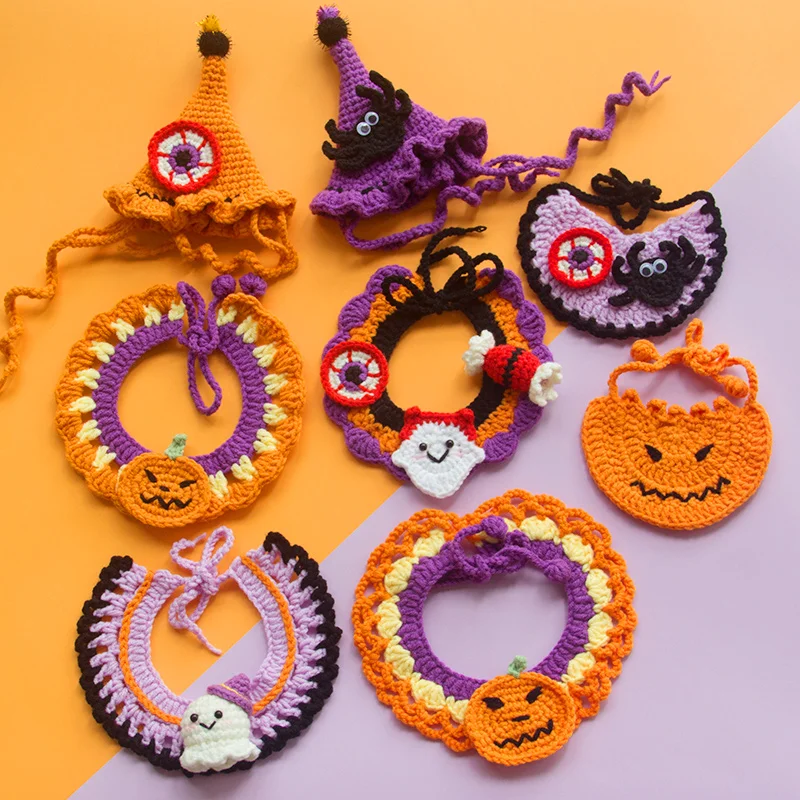 1pcs Halloween Dog Collar Pet Bib Dog Collar Cat Hat Hand Knitted Crochet Collar Pumpkin Costume Pet Accessories