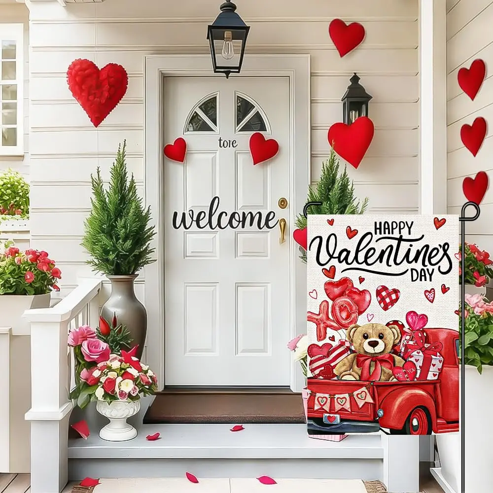 Valentine’s Day Garden Flag 12x18 Inch Double Sided, Cute Red Truck with Teddy Bear and Hearts, Small Yard Sign for Outdoor  AAS