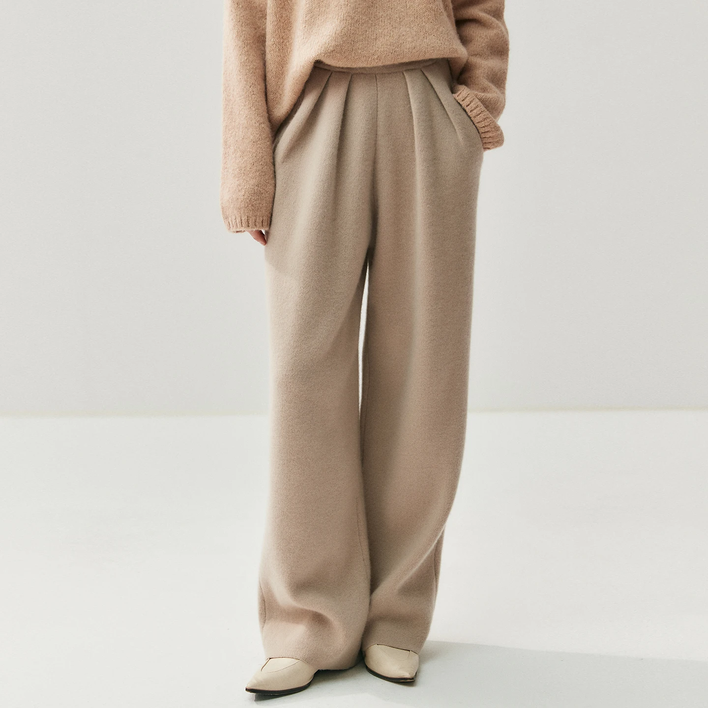 ANGEL High-end Women's 100% Cashmere Pants Pleated Waist Wide Leg Pants Casual Simple Autumn Winter Cashmere Knit Loose Trousers