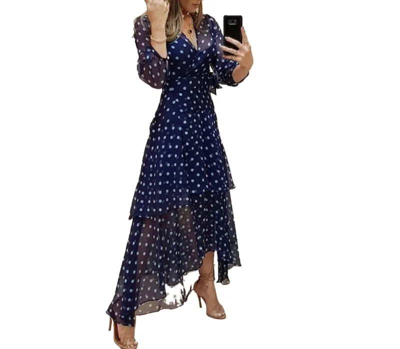 Women Spring Summer Polka Dot Irregular Printed V-Neck Long Dress Femininity Fashion Long Sleeves Elegant Lotus Leaves And Ankle