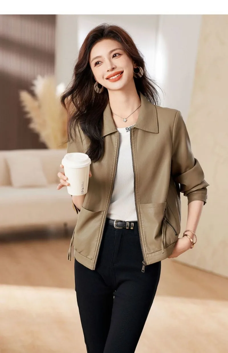 New 2026 Temperament PU Leather Jacket Women's Autumn Lapel Loose Motorcycle Jacket Ladies Casual Female Outwear Overcoat