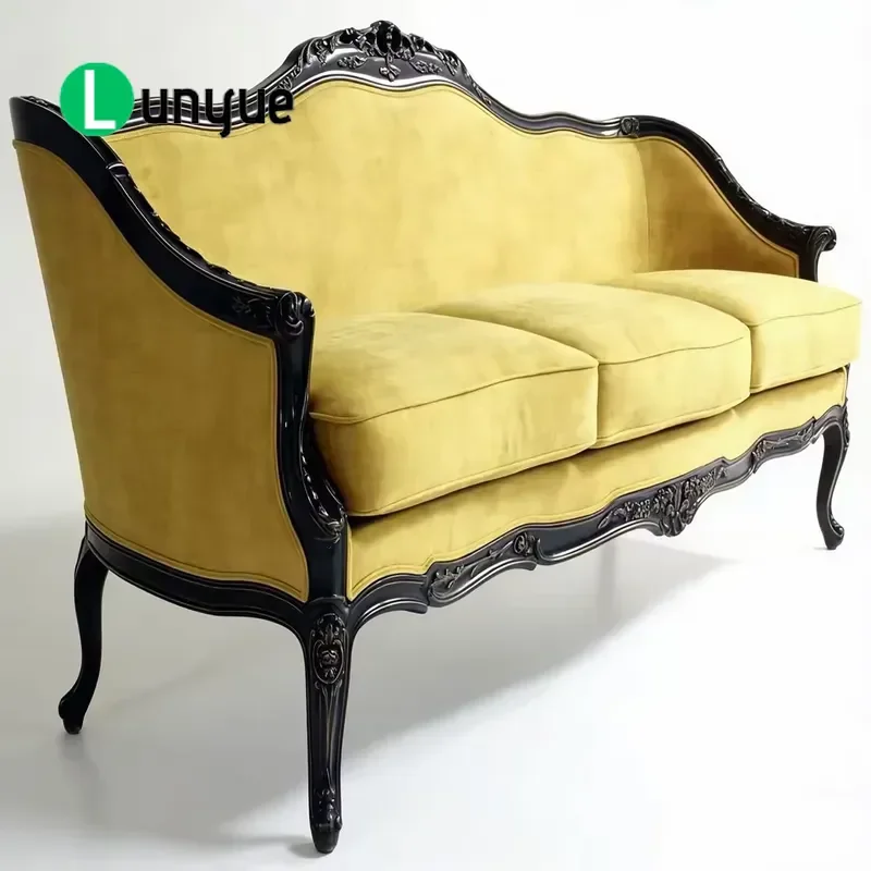 American Retro Carved Solid Wood 3 Seater Fabric Sofa Small Apartment Living Room Leisure Chair Hotel
