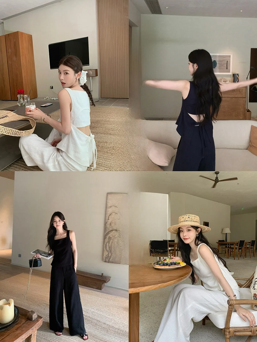 

Zhang Beibei Women's Loose Feelings Strap Bal Vest And Wide Leg Pants Set Vintage Sle Faionable Summer Outfit