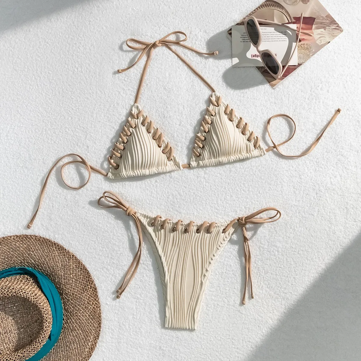 Woman 2026 Bikini Triangle Top Thong Bottom Bikinis Pleated Lace-up Two Piece Swimsuit Tie Side Bikini Set Beachwear Women