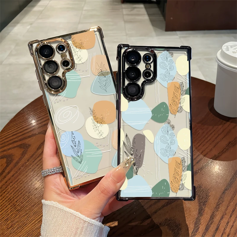 Phone Case For Samsung Galaxy A33 5G A23 4G A13 A54 A34 A24 A14 A73 A53 Luxury Leaves Print Shockproof Plating TPU Clear Cover