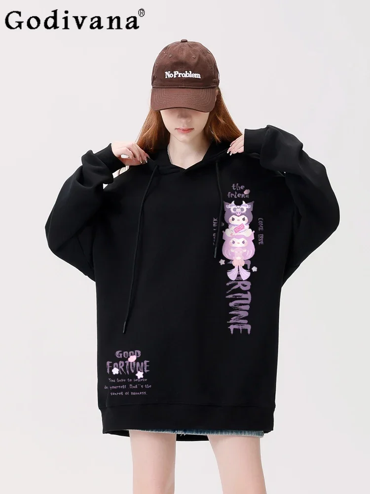 

Autumn Winter New Fashion Cartoon Print Black Hoodies Hot Girl JK Streetwear Hooded Sweatshirts Women Loose Slim Mid-Length Top