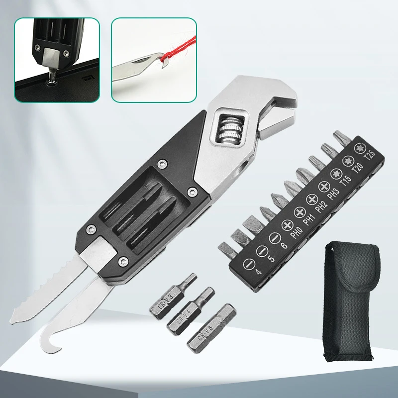 16 In 1 Adjustable Wrench Tool Hex Wrench Multifunction Camping Outdoor Survive Tools Bottle Opener Screwdriver Folding Pocket