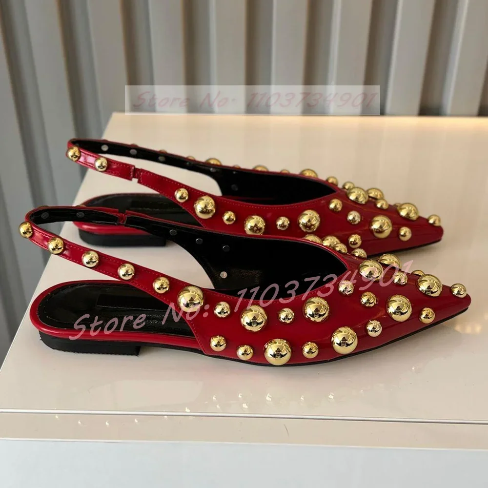 Round Rivet Pointy Toe Flat Sandals Women Fashion Classy Casual Low Heels Sandals Ladies Party Patent Leather Big Size Shoes