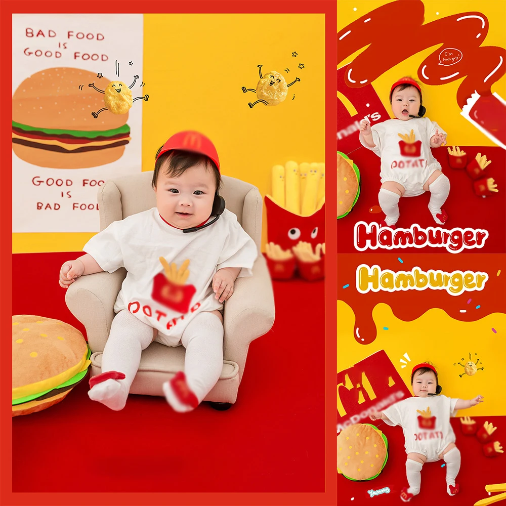 

100 Days Baby Photography Costume Dining Style Theme Set Jumpsuit Socks + Hat 3pcs/Set Studio Baby Girl Boy Photo Accessories