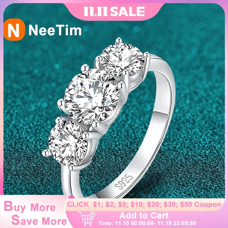 

Обручальное кольцо NeeTim 4CT с муассанитом для женщин, стерлинговое серебро S925 с 3 камнями и позолоченным обручальным кольцом с бриллиантами