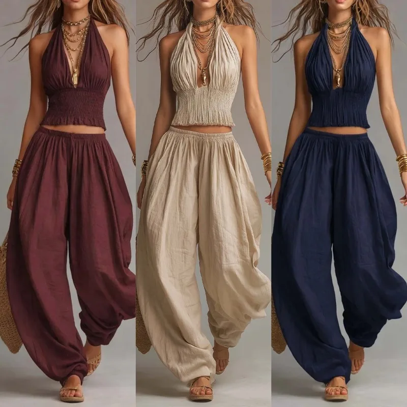 

Summer Women Fold the waist 2PCS Boho Outfit Halter Neck Crop Top+Wide Leg Pants Set Casual Summer Beach Linen Matching Sets