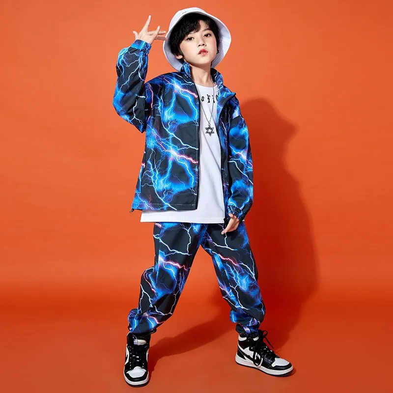 Kid Hip Hop Clothing Blue Lightning Windbreaker Zip Up Jacket Casual Jogger Pants for Girl Boy Jazz Dance Costume Clothes Set