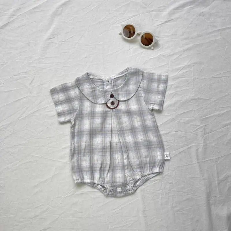 

Infant Boy Girl Cute Lapel Jumpsuit Newborn Toddler Clothes 0-24M 2026 Summer New Baby Short Sleeve Plaid Bodysuit Cotton