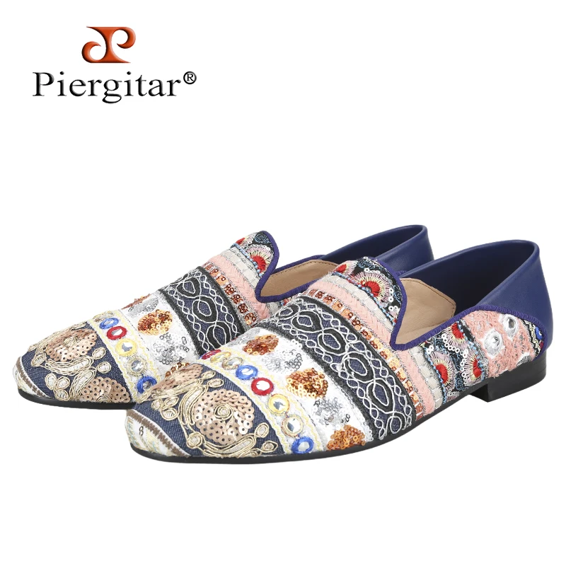 Piergitar Handmade Mixed Colors Sequin Men Loafers With Back Stitching Navy Sheep Leather Can Be Worn As Slippers Slip-On Mules
