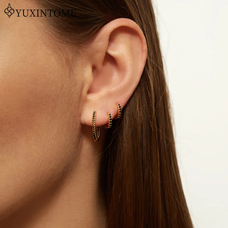 925 Sterling Silver Ear Needle Geometric Black Zircon Hoop Earrings For Women Ear Buckle Fashion High-end Jewelry Accessories