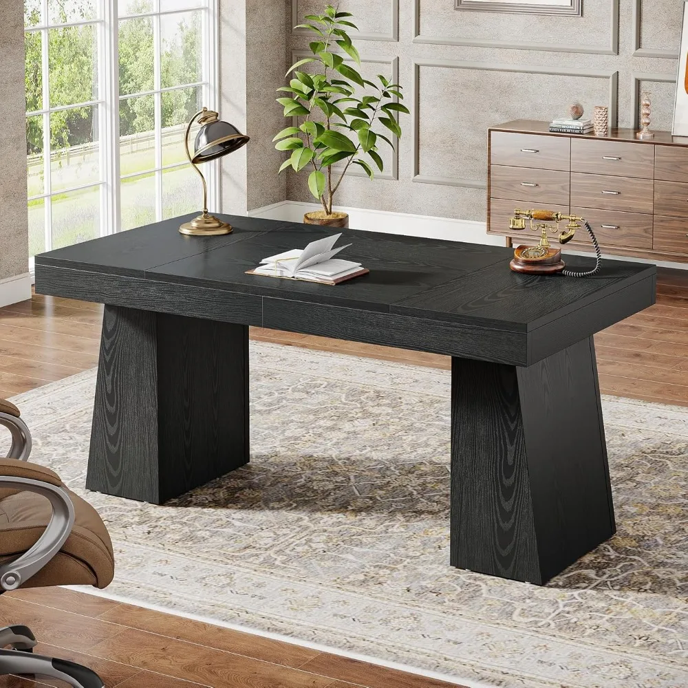 Mesa executiva de 55 polegadas, mesa moderna de escritório doméstico de meados do século com base trapézio dupla, estação de trabalho comercial de mesa de computador de madeira