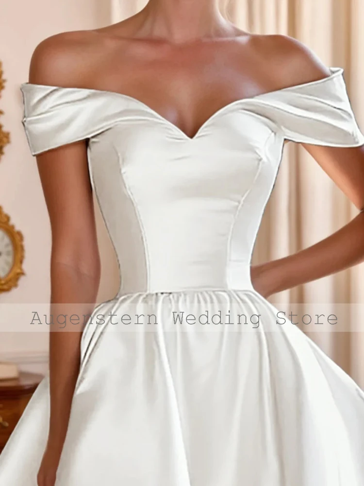 Dreamy Civil Wedding Dresses Satin A-line 2026 Bride Gowns for Women White Off-the-shoulder Ruffles Pleat Ruched Hi-Lo Dress