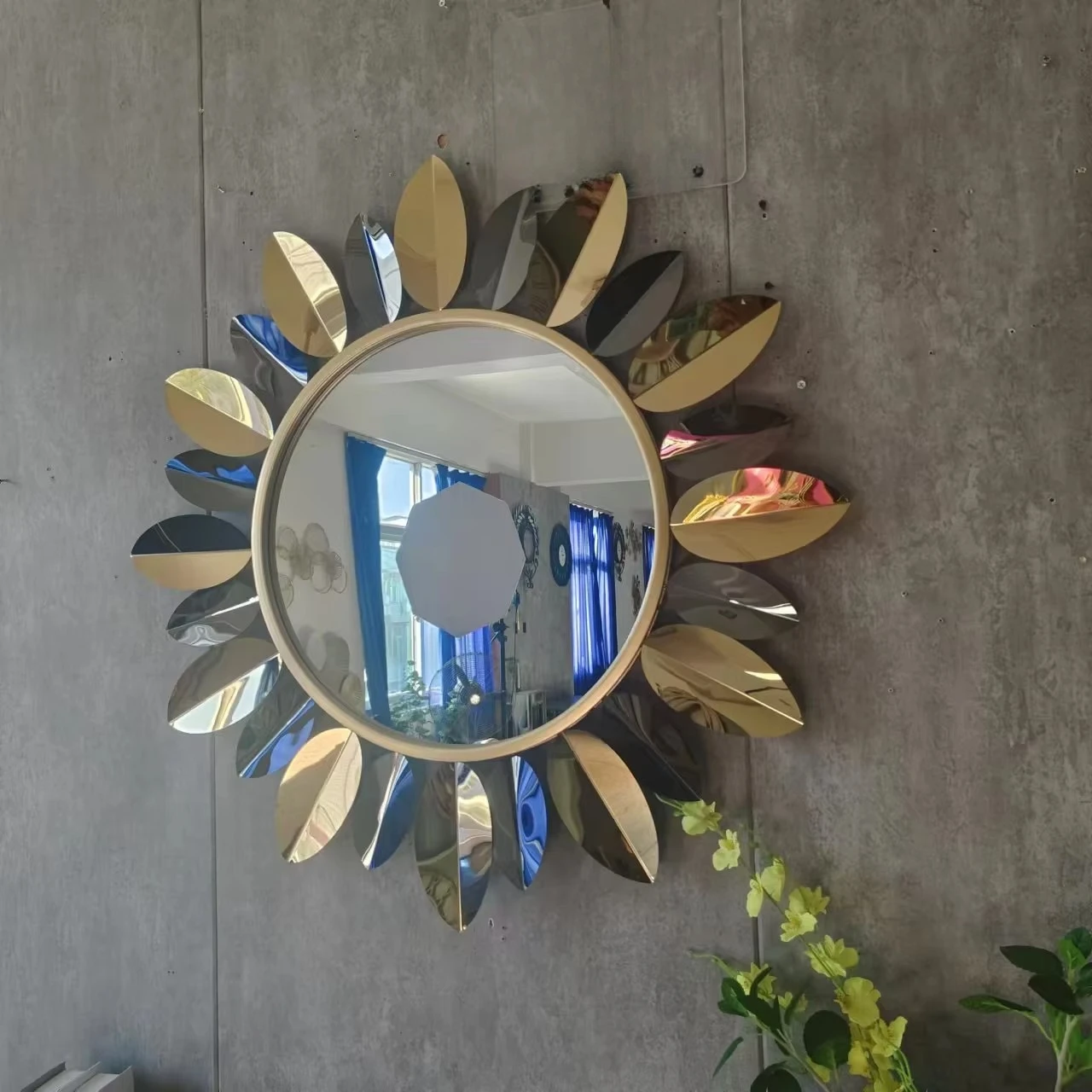 80CM Wholesale Golden Sunflower Luxury Decorative Makeup Mirror Wall Wrought Iron Creative Home Decor Hanging Dropshipping DDP