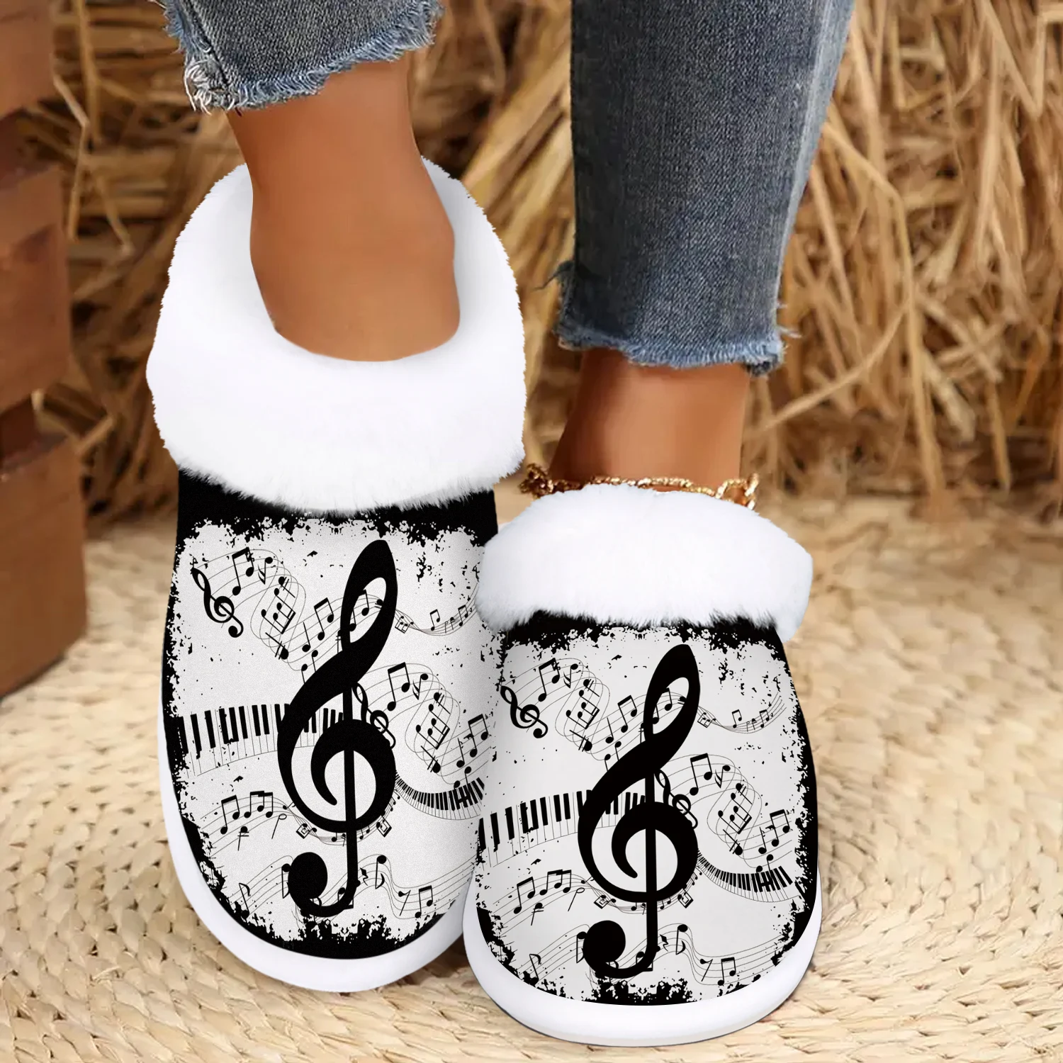

Уютные женские нечеткие тапочки с музыкальной нотой — мягкая плюшевая домашняя обувь для дома и улицы с нескользящей резиновой подошвой