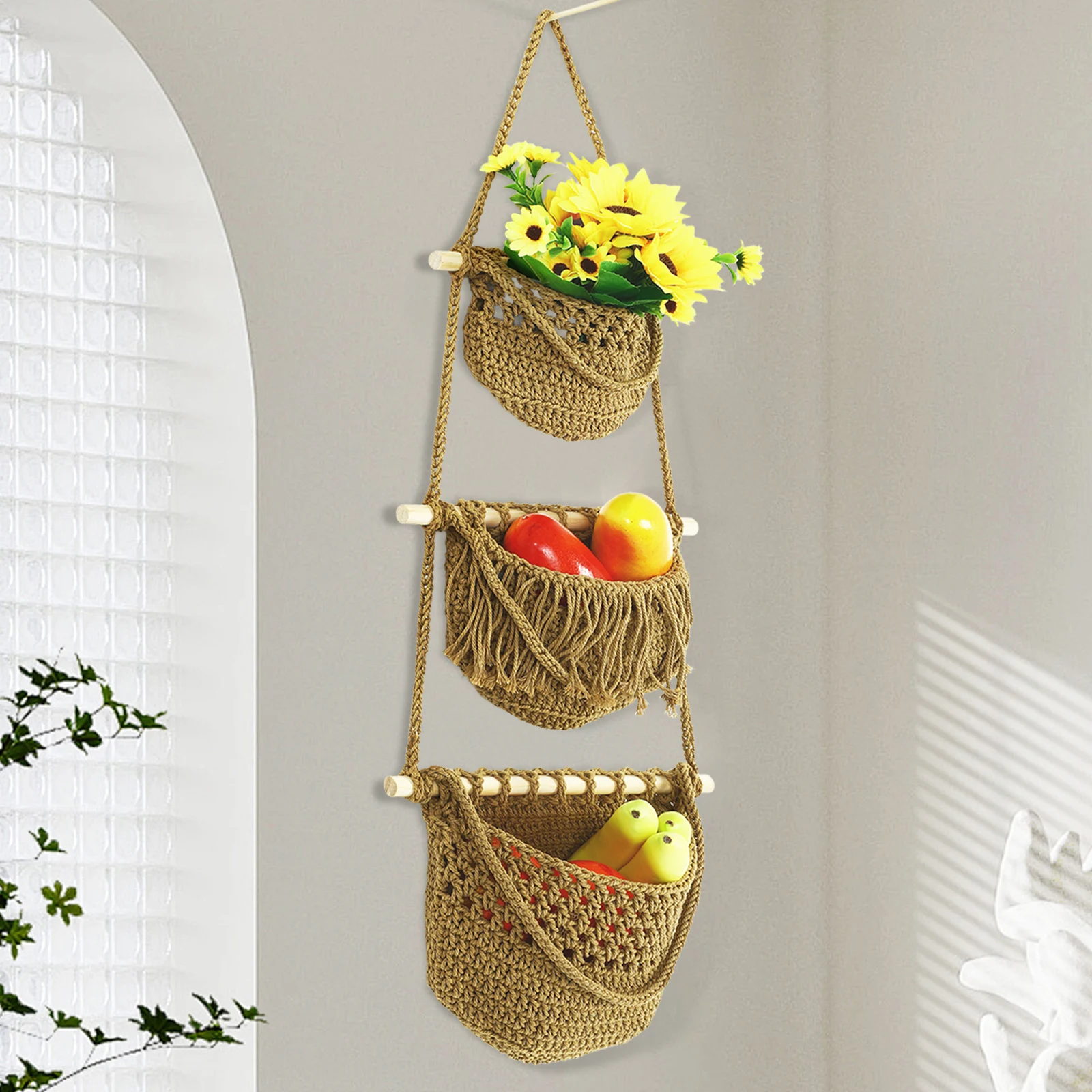 

Fruit Vegetable Net Hanging Basket Large Capacity Kitchen Wall ganizer Cotton Rope Wood Stick Tiered Storage Solution