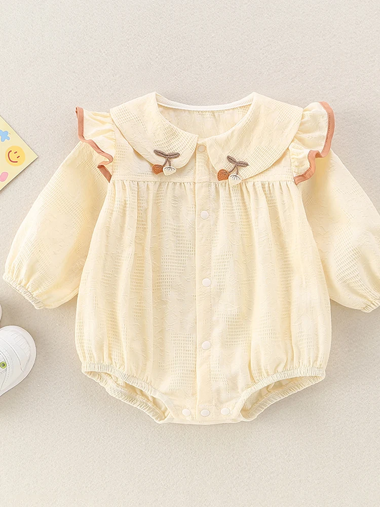 

Spring Sweet Cute e Baby Girl Rer Long Sve Doll Collar Cherry Butt Coverall Baby Clothes Cotton Pants Length