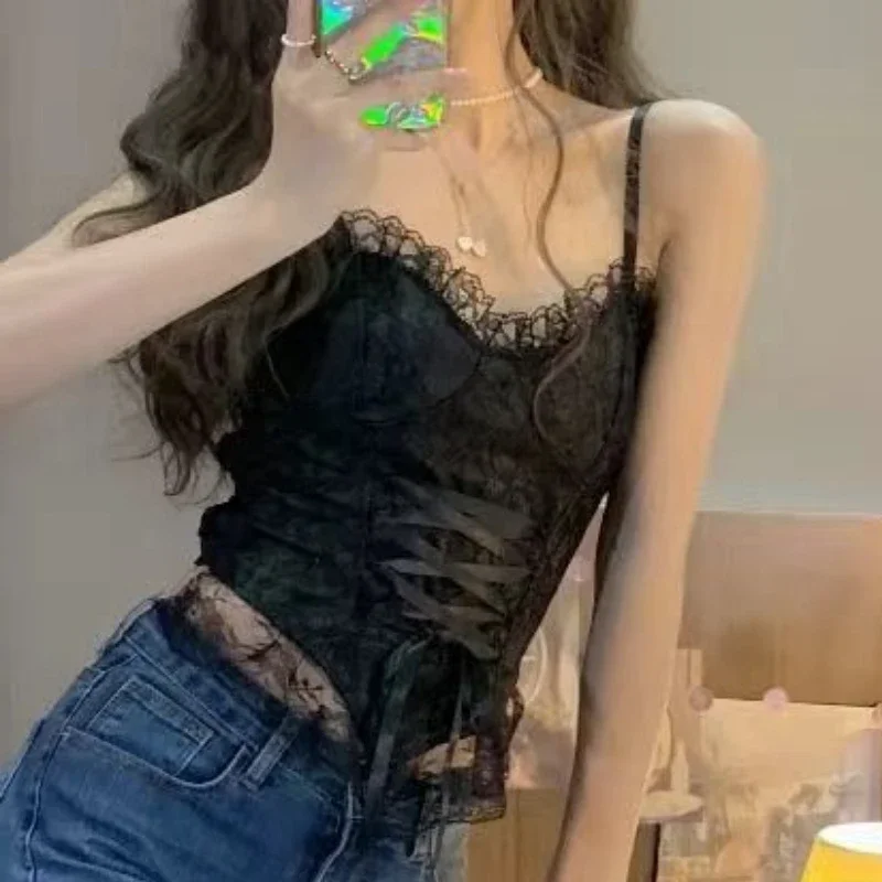 Lace Camisoles Women Sexy Aesthetic Crop Tops Hotsweet Female Retro Streetwear Fashion Party Wear Chic Lace-up Princess Inner