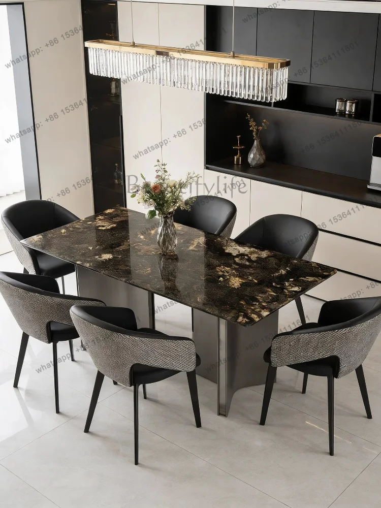 zj.Dining Room Furniture Luxury Stone Dining Table Marble Rectangle Household Dining Table Set 6 Chairs Space Saving Furniture