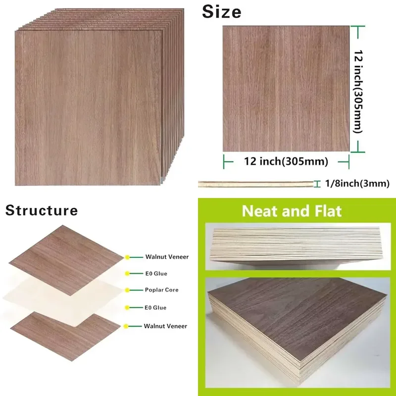 1/8 Inch Hickory Plywood Sheet 3mm Thin Wood Board 12x12 for Laser CNC Cutting Engraving and Painting DIY Craft Projects